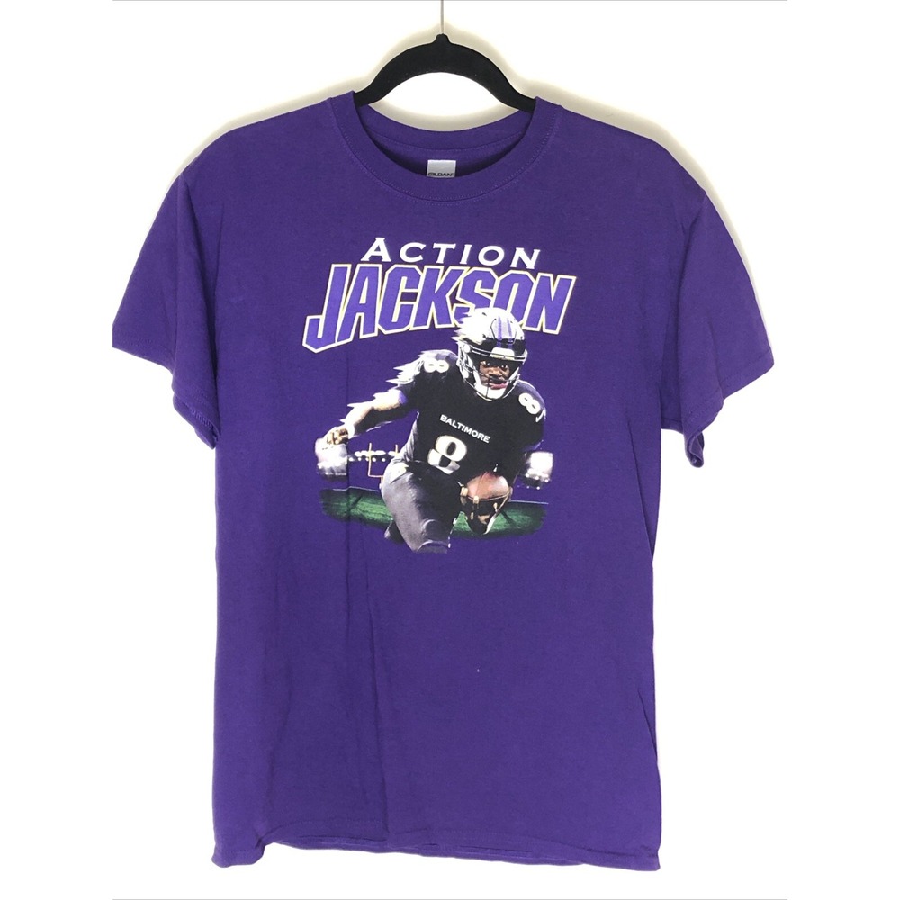 Baltimore Ravens Lamar Action Jackson #8 Graphic Print T Shirt Purple Medium